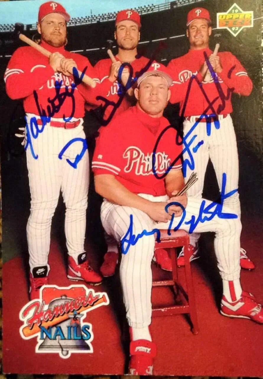 Hammer & Nails (John Kruk, Darren Daulton, Lenny Dykstra, Dave Hollins) Signed 1993 Upper Deck Baseball Card - Philadelphia Phillies
