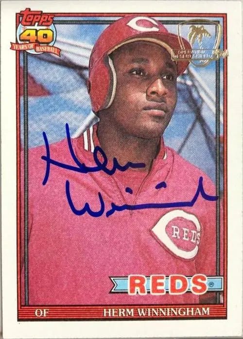 Herm Winningham Signed 1991 Topps Desert Shield Baseball Card - Cincinnati Reds