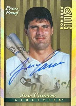 Jose Canseco Signed 1997 Donruss Studio Press Proofs Gold Baseball Card - Oakland A's