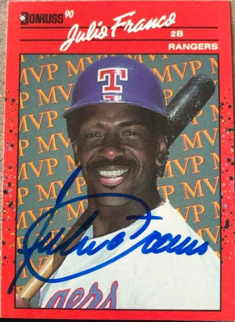 Julio Franco Signed 1990 Donruss Bonus MVP Baseball Card - Texas Rangers