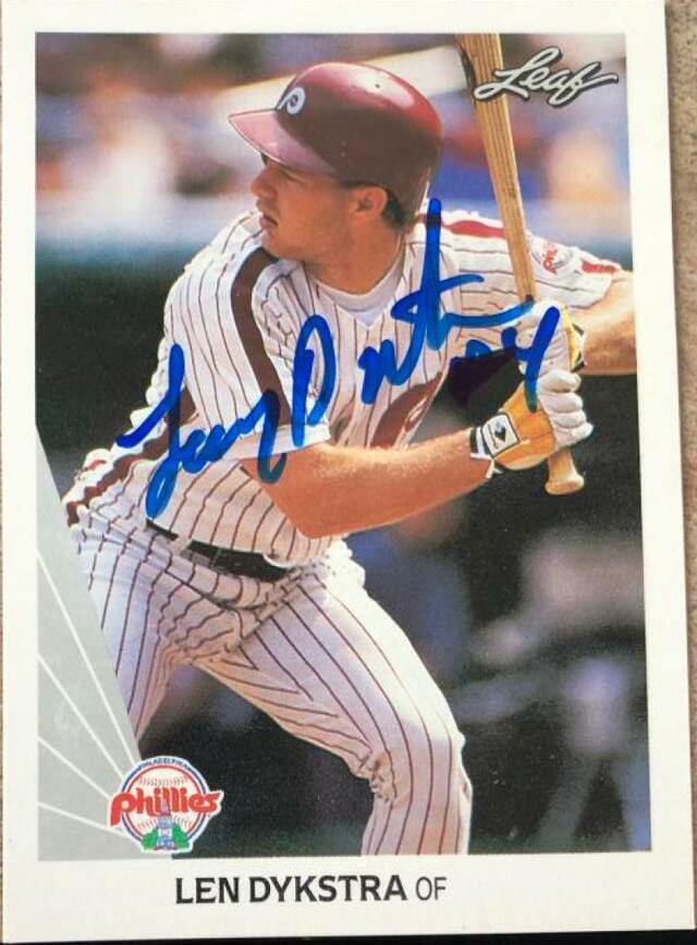 Lenny Dykstra Signed 1990 Leaf Baseball Card - Philadelphia Phillies - PastPros