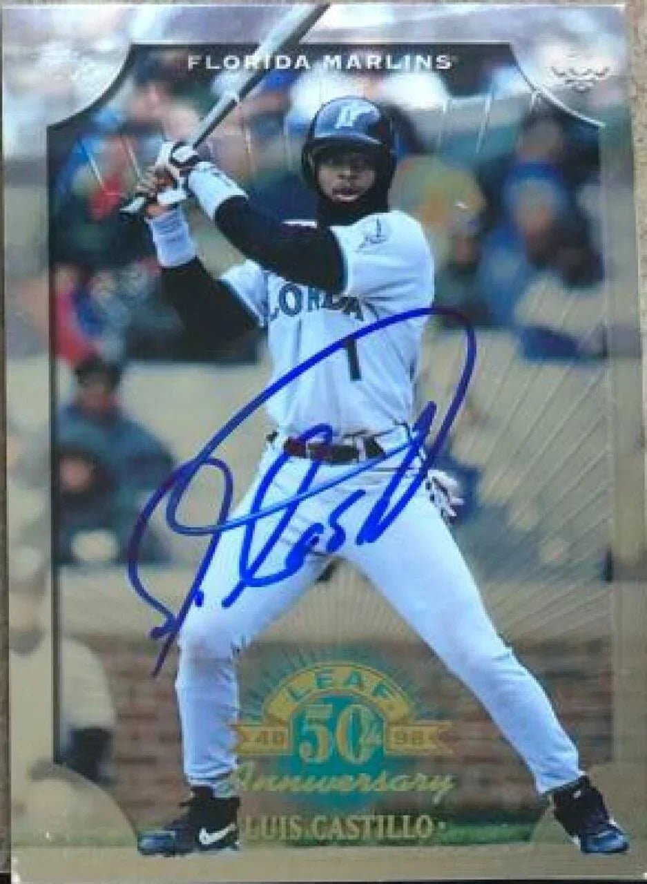 Luis Castillo Signed 1998 Donruss Collections Leaf Baseball Card - Florida Marlins