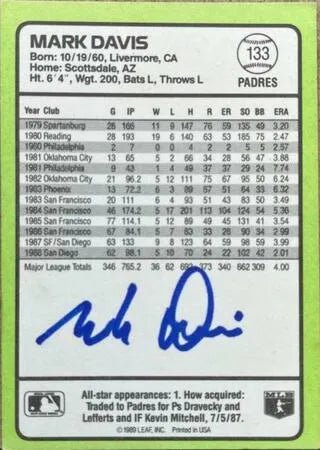Mark Davis Signed 1989 Donruss Baseball's Best Baseball Card - San Diego Padres