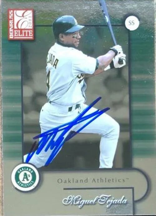 Miguel Tejada Signed 2001 Donruss Elite Baseball Card - Oakland A's