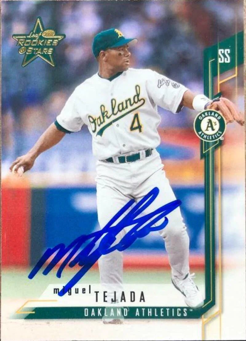 Miguel Tejada Signed 2001 Leaf Rookies & Stars Baseball Card - Oakland A's