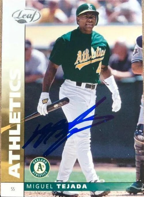 Miguel Tejada Signed 2002 Leaf Baseball Card - Oakland A's