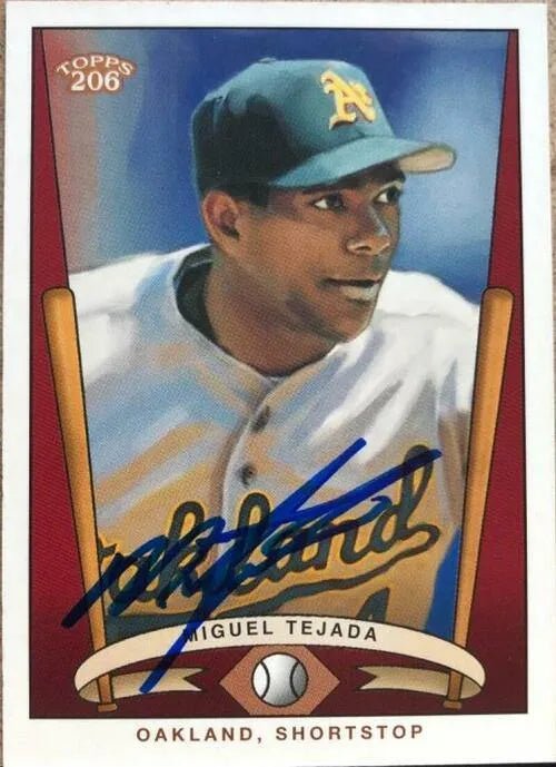 Miguel Tejada Signed 2002 Topps 206 Series 3 Baseball Card - Oakland A's