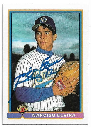 Narciso Elvira Signed 1991 Bowman Baseball Card - Milwaukee Brewers - PastPros