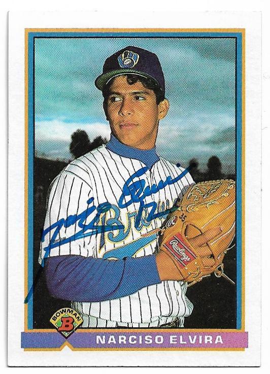 Narciso Elvira Signed 1991 Bowman Baseball Card - Milwaukee Brewers - PastPros