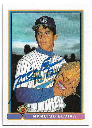 Narciso Elvira Signed 1991 Bowman Baseball Card - Milwaukee Brewers - PastPros