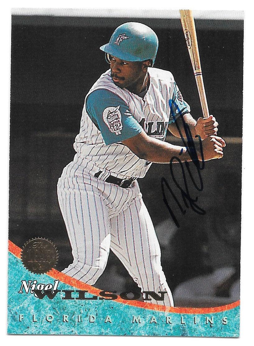 Nigel Wilson Signed 1994 Leaf Baseball Card - Florida Marlins - PastPros
