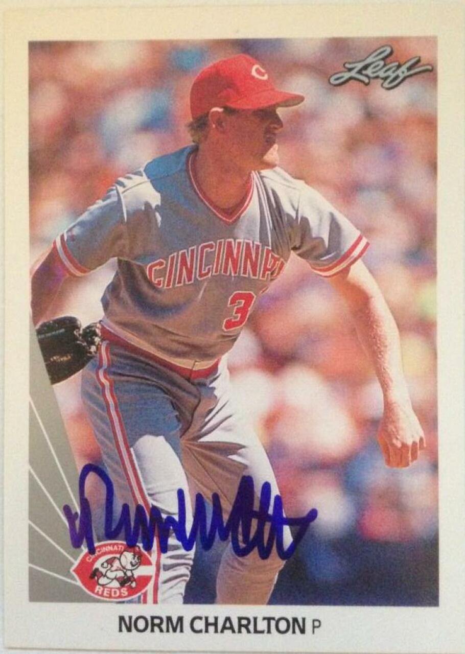 Norm Charlton Signed 1990 Leaf Baseball Card - Cincinnati Reds - PastPros