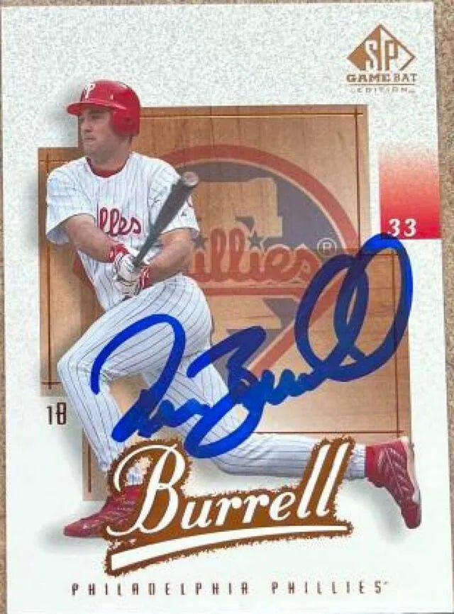 Pat Burrell Signed 2001 SP Game Bat Baseball Card - Philadelphia Phillies