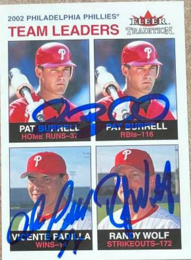 Pat Burrell, Vicente Padilla & Randy Wolf Multi Signed 2003 Fleer Tradition - Philadelphia Phillies
