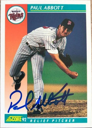 Paul Abbott Signed 1992 Score Baseball Card - Minnesota Twins
