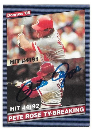 Pete Rose Signed 1986 Donruss Ty-Breaking Baseball Card - Cincinnati Reds