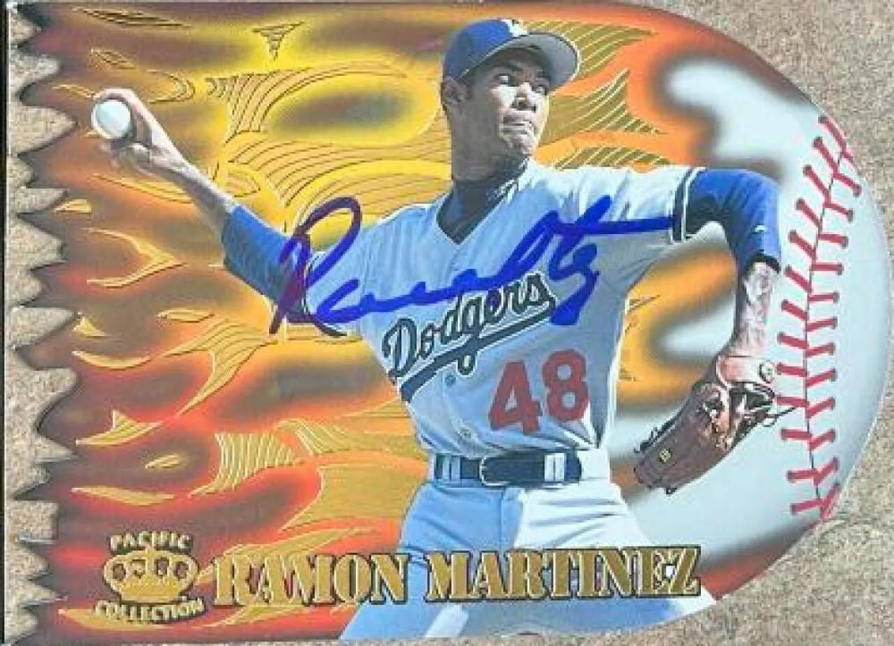 Ramon Martinez Signed 1996 Pacific Prisms Flame Throwers Baseball Card - Los Angeles Dodgers