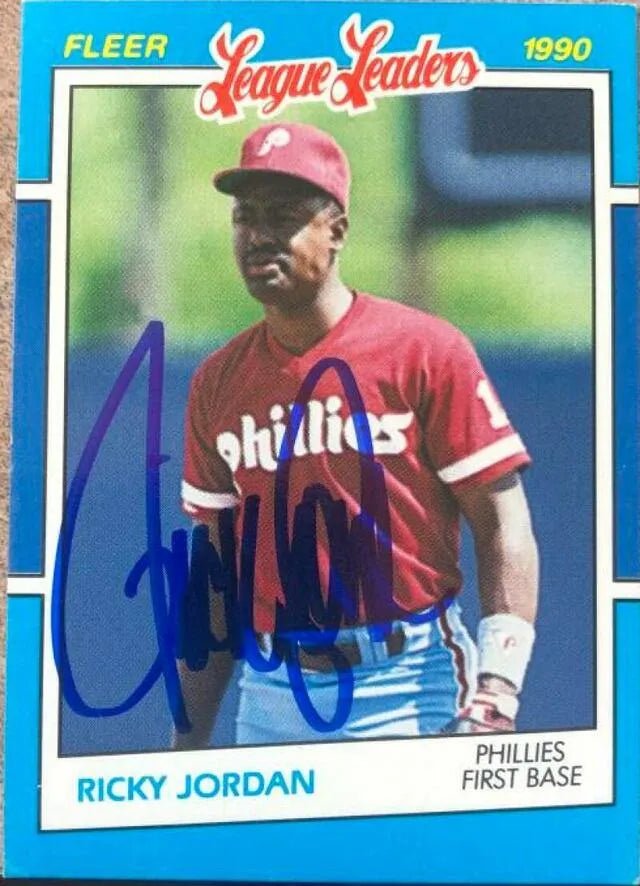 Ricky Jordan Signed 1990 Fleer League Leaders Baseball Card - Philadelphia Phillies