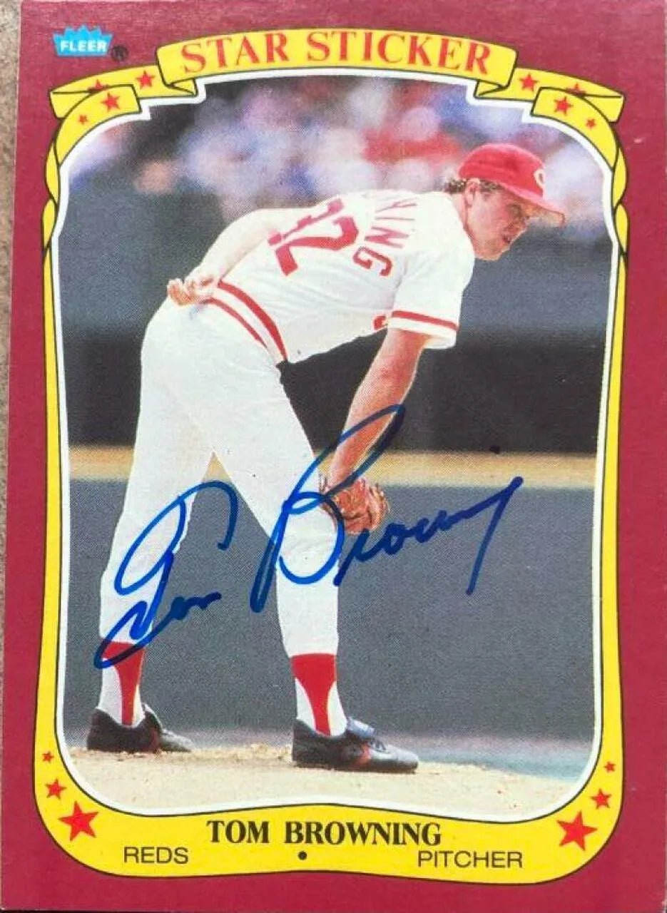 Tom Browning Signed 1986 Fleer Star Stickers Baseball Card - Cincinnati Reds
