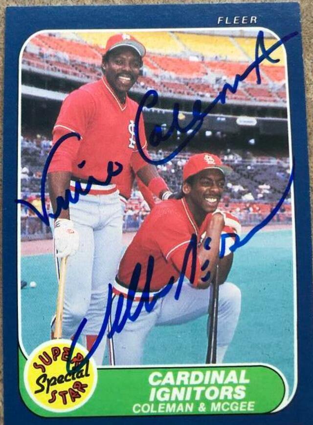Vince Coleman & Willie McGee Signed 1985 Fleer Cardinal Ignitors Baseball Card - St Louis Cardinals - PastPros