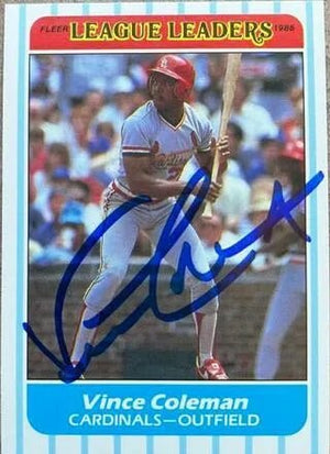 Vince Coleman Signed 1986 Fleer League Leaders Baseball Card - St Louis Cardinals