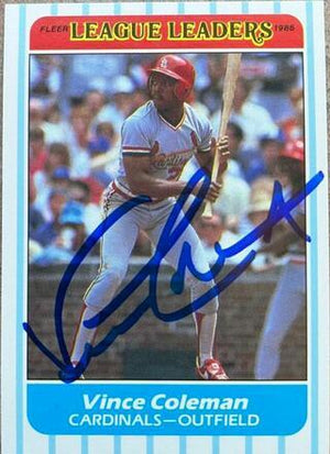 Vince Coleman Signed 1986 Fleer League Leaders Baseball Card - St Louis Cardinals - PastPros