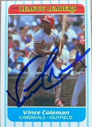 Vince Coleman Signed 1986 Fleer League Leaders Baseball Card - St Louis Cardinals - PastPros