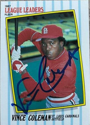 Vince Coleman Signed 1987 Fleer League Leaders Baseball Card - St Louis Cardinals - PastPros
