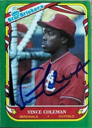 Vince Coleman Signed 1987 Fleer Star Stickers Baseball Card - St Louis Cardinals