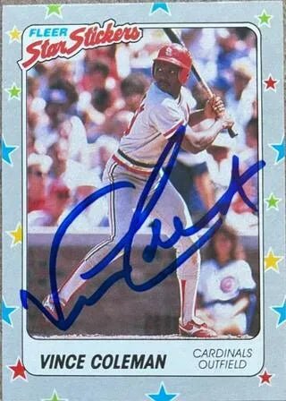 Vince Coleman Signed 1988 Fleer Star Stickers Baseball Card - St Louis Cardinals