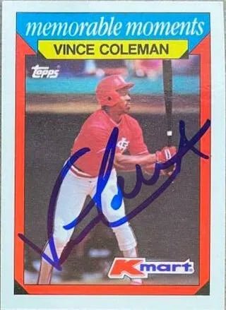 Vince Coleman Signed 1988 Topps K-Mart Memorable Moments Baseball Card - St Louis Cardinals