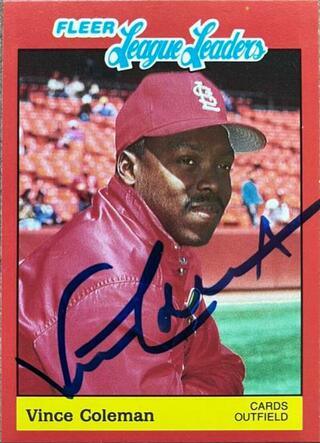 Vince Coleman Signed 1989 Fleer League Leaders Baseball Card - St Louis Cardinals - PastPros