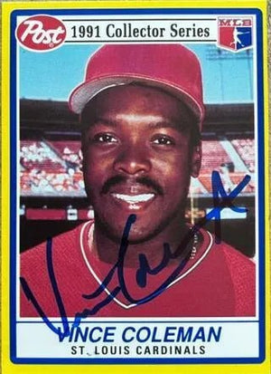 Vince Coleman Signed 1991 Post Cereal Baseball Card - St Louis Cardinals