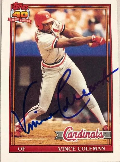 Vince Coleman Signed 1991 Topps Baseball Card - St Louis Cardinals