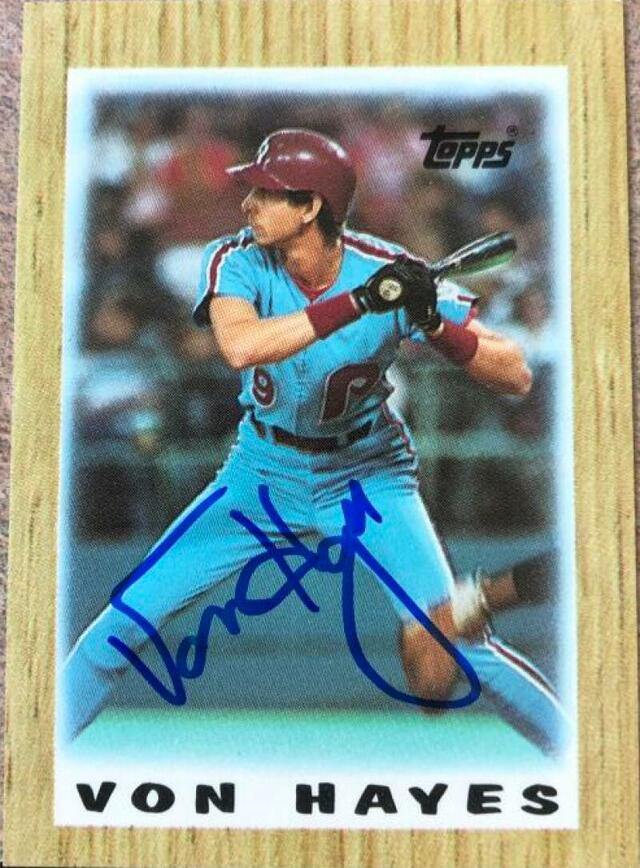 Von Hayes Signed 1987 Topps Major League Leader Minis Baseball Card - Philadelphia Phillies - PastPros