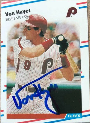 Von Hayes Signed 1988 Fleer Baseball Card - Philadelphia Phillies