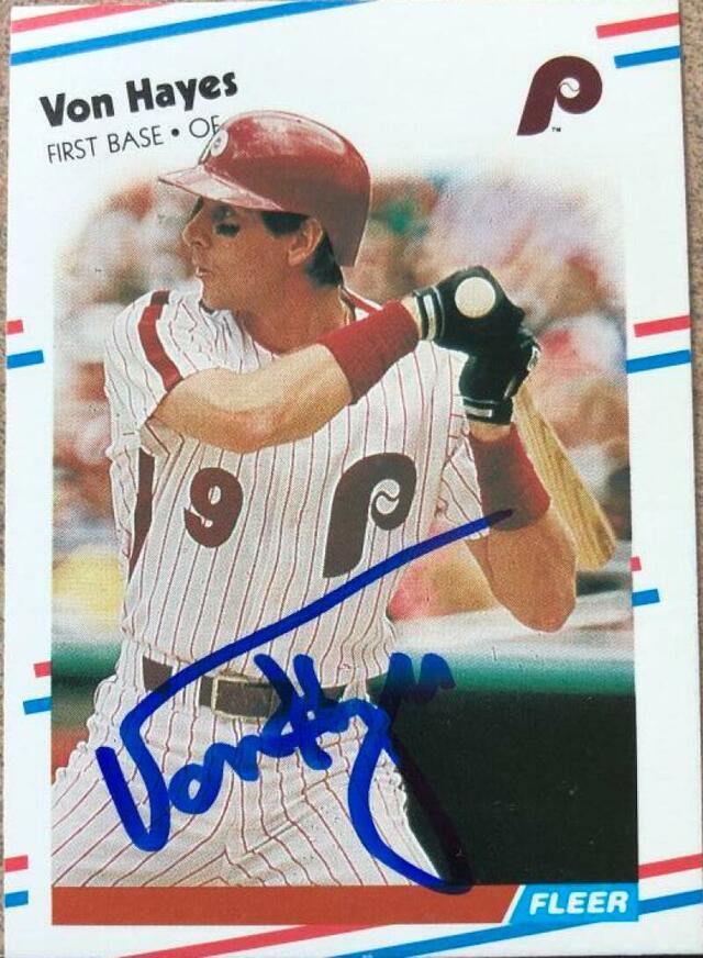 Von Hayes Signed 1988 Fleer Baseball Card - Philadelphia Phillies - PastPros